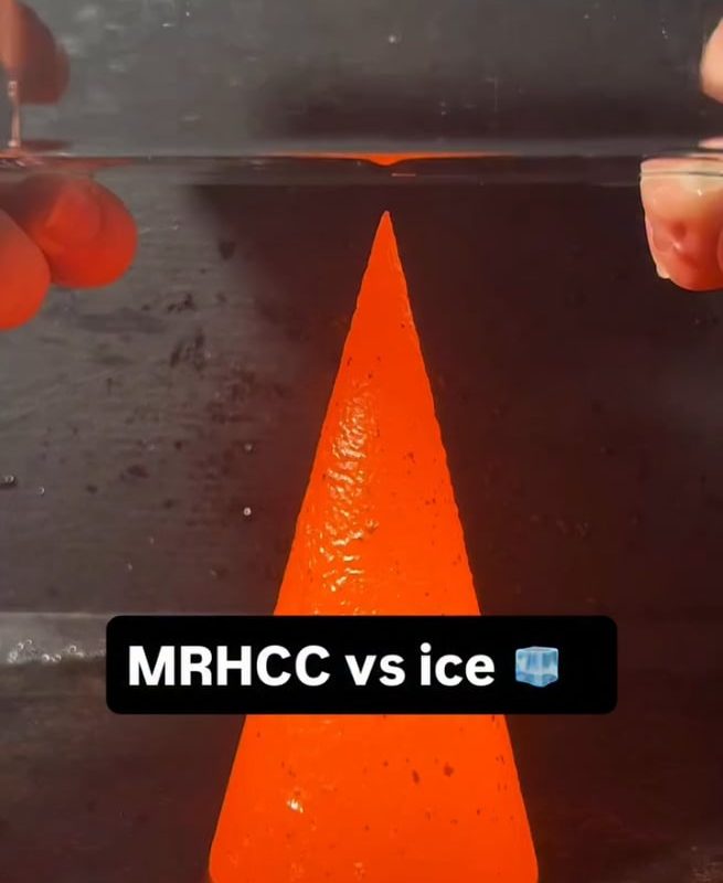 Putting ice through a medium red hot copper cone