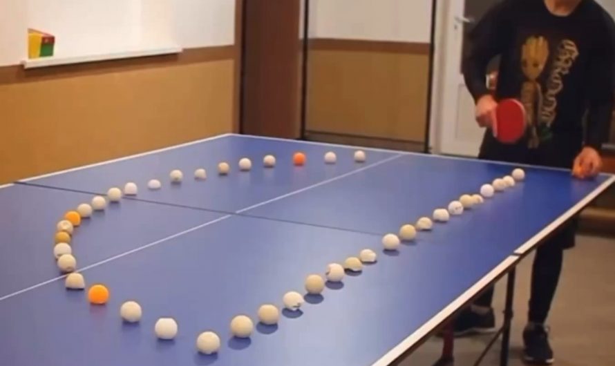 Rolling ping pong ball hit by bouncing ping pong ball
