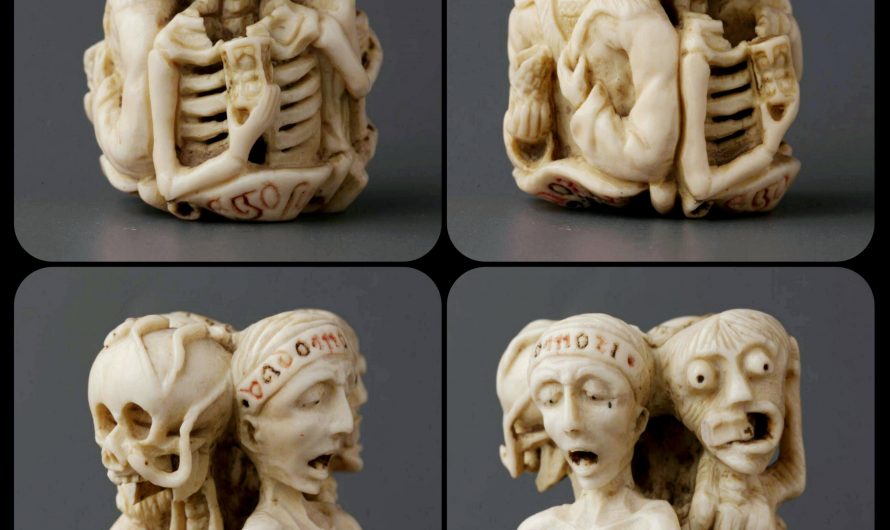 Rosary Pendant from Germany, c.1520 CE: this pendant was created as part of a rosary, and it depicts four figures in various stages of decay; the phrases “love of the world,” “I am going to die,” “follow me,” and “I am” are inscribed in Latin along the sides