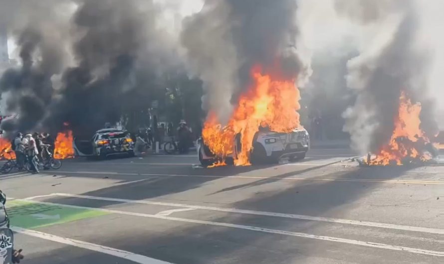 Several self-driving Waymo cars were set on fire and destroyed in Los Angeles, each costing over $250,000 😳