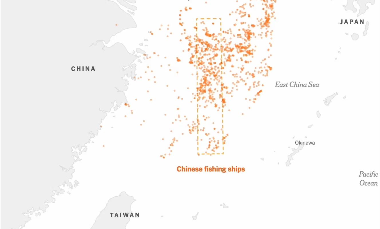 Shipping data showing China has been coordinating thousands of fishing vessels to create floating barriers 200 miles long