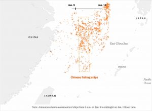 Shipping data showing China has been coordinating thousands of fishing vessels to create floating barriers 200 miles long