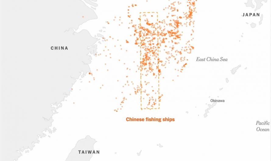 Shipping data showing China has been coordinating thousands of fishing vessels to create floating barriers 200 miles long