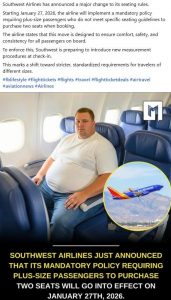 Southwest Airlines Requiring Plus-Sized Passengers to Buy Extra Seat, Starting 1/2026