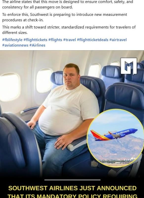 Southwest Airlines Requiring Plus-Sized Passengers to Buy Extra Seat, Starting 1/2026