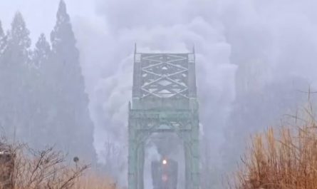 Steam Train crossing a Bridge in the Snow.