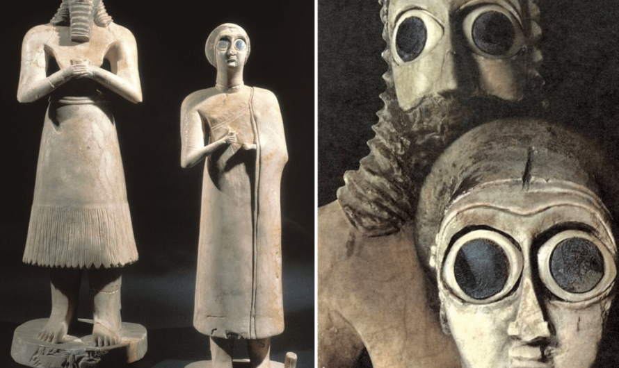 Sumerian statues of a male and female worshipper found at the Abu Temple in Tell Asmar modern day iraq. (2900-2450 BCE)
