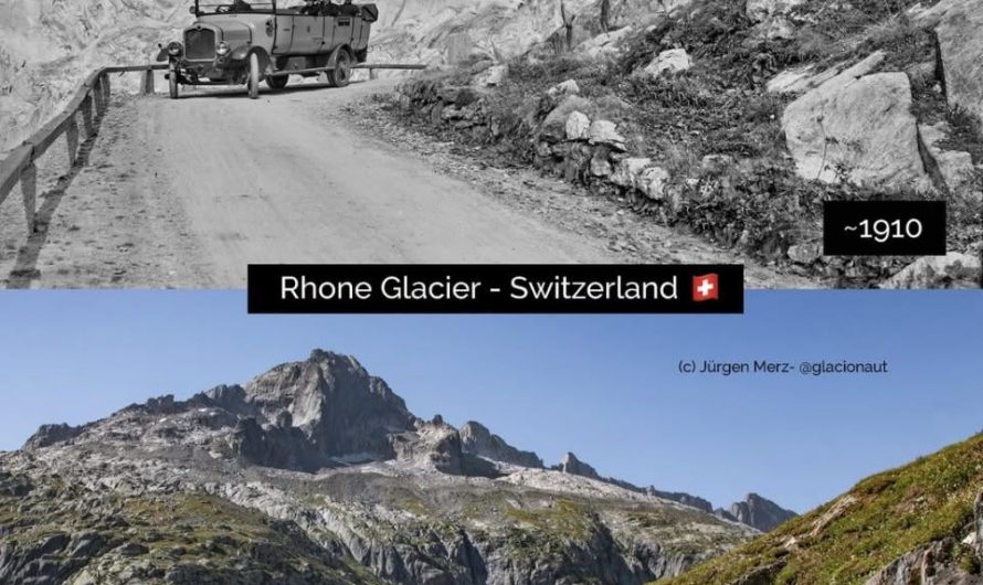 The Rhône Glacier (1910/2025) – In one century this glacier entirely disappeared from the road of Furka Pass!