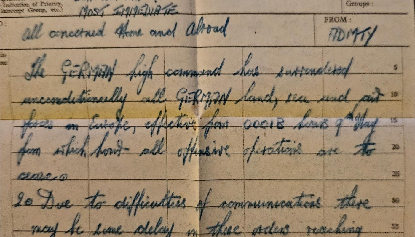 The message my Grandad received aboard his Royal Navy ship on the day of the German surrender