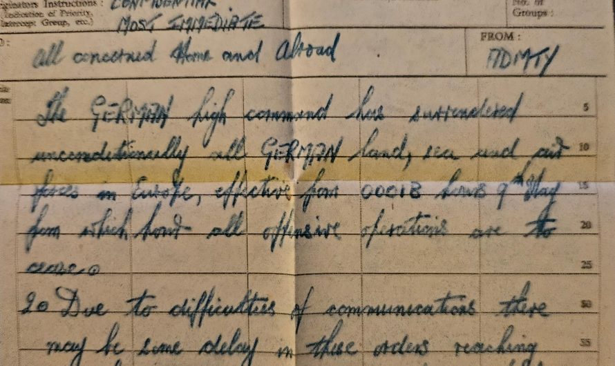 The message my Grandad received aboard his Royal Navy ship on the day of the German surrender