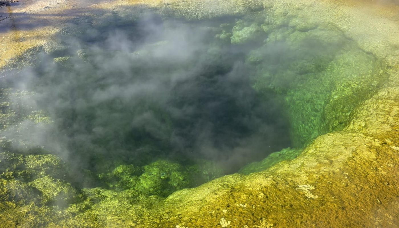 The steam and colorful hot spring waters at Morning Glory Pool, Yellowstone