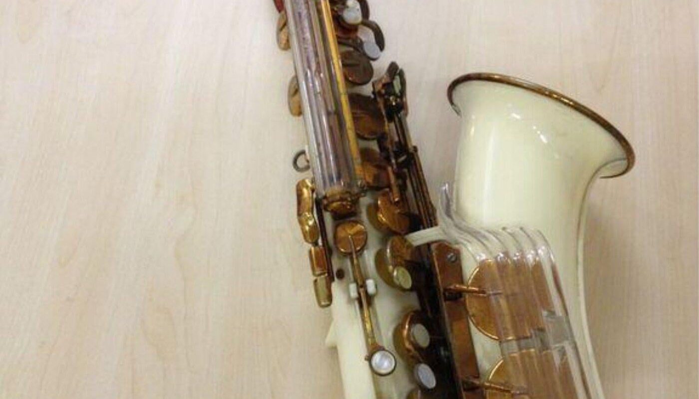 This Grafton acrylic saxophone was the first musical instrument owned by David Bowie when he was 14-years-old.  It's now in the Victoria and Albert Museum.