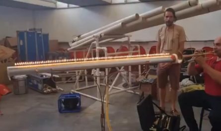 This is Ruben's tube. Invented in 1904. It shows sounds waves using flames.