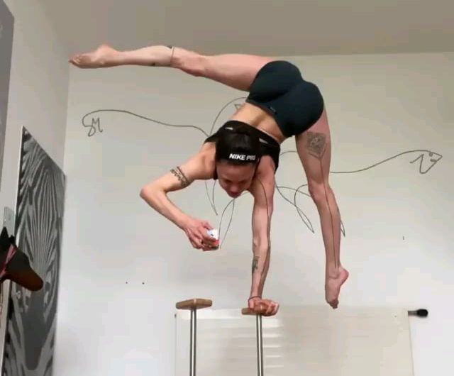 This is Stefanie Millinger, a hand balancer from Austria who holds the world record for the most press handstands in a row (342).