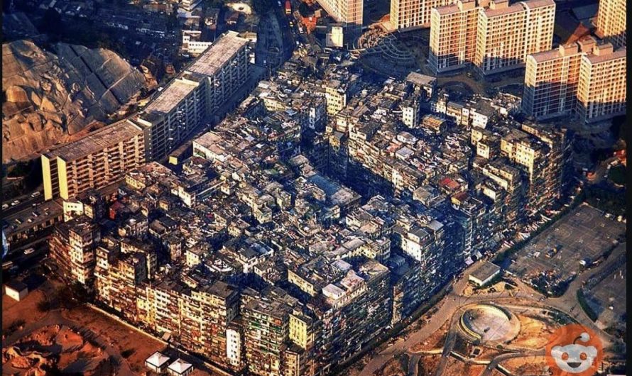This is a photo of the Kowloon Walled City in Hong Kong, 1989. This ungoverned metropolis was only 6.4 acres in size but home to 50,000 residents, and featured alleyways between buildings just 3 to 7 feet wide.