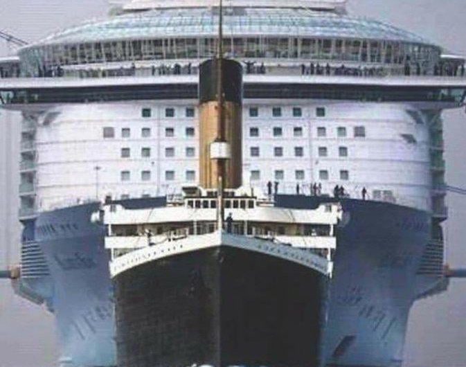 Titanic size compared to a modern cruise ship.👀
