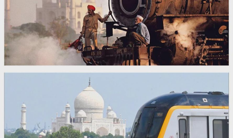 Train near Taj Mahal (1983 vs 2026)