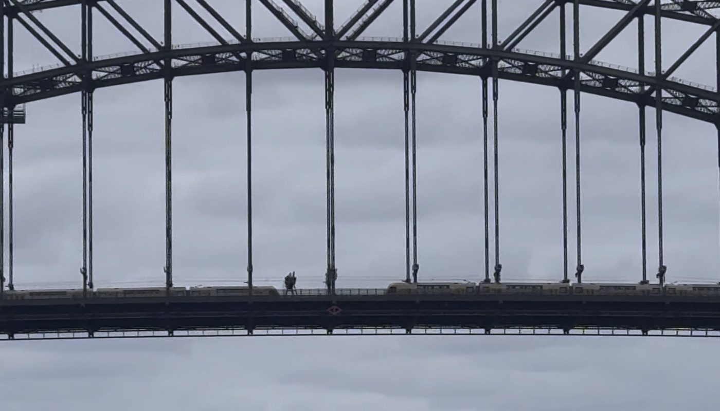 Two trains meeting directly together on the Sydney Harbour Bridge