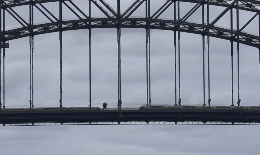 Two trains meeting directly together on the Sydney Harbour Bridge