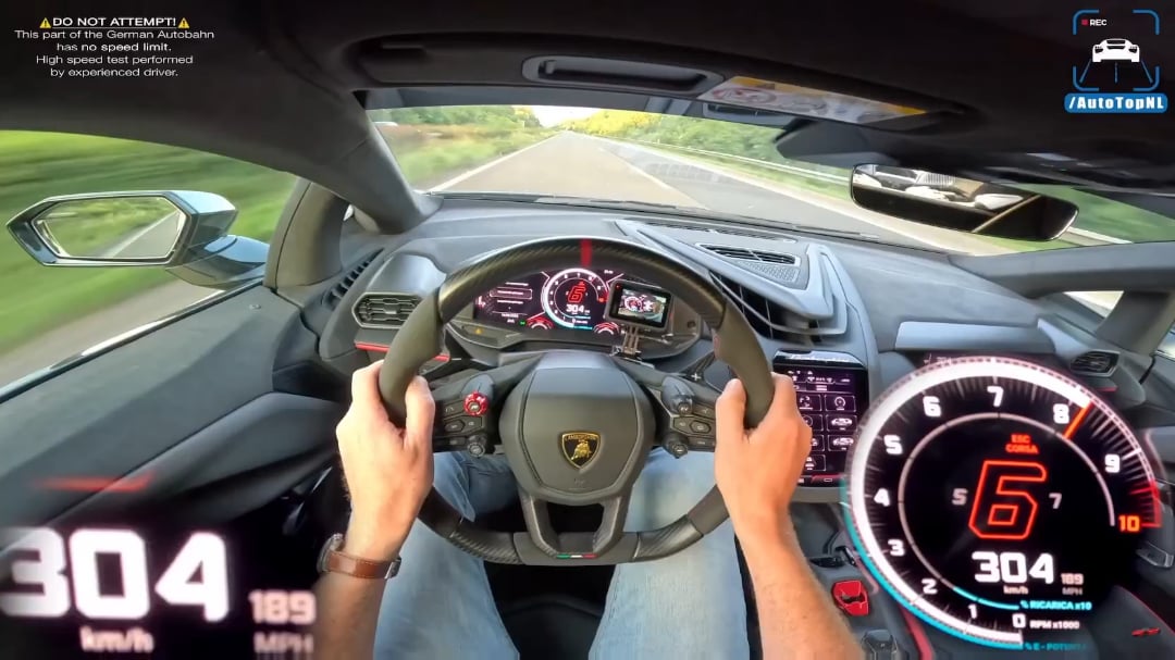 YouTuber AutoTopNL broke his record by going 230mph in a Lamborghini Revuelto on the no speed limit highway, the autobahn, in Germany.