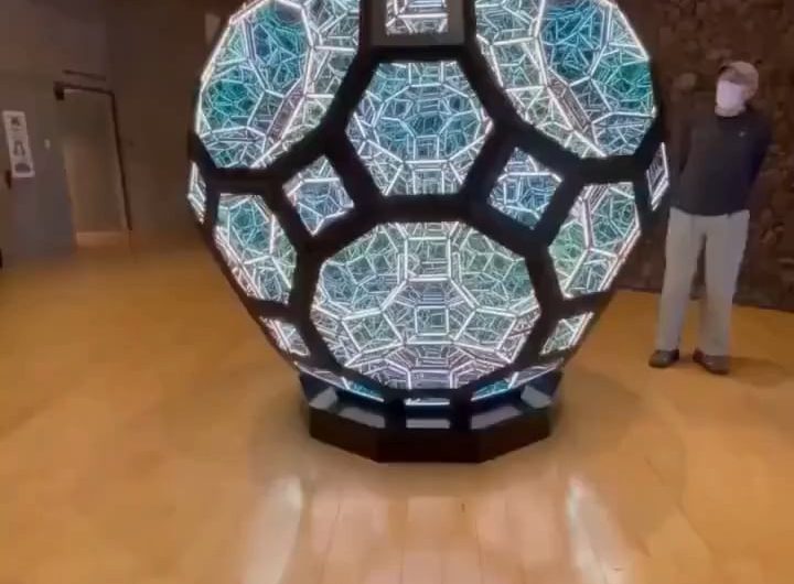 A giant fantasy icosahedron displayed at the Palm Springs Art Museum.