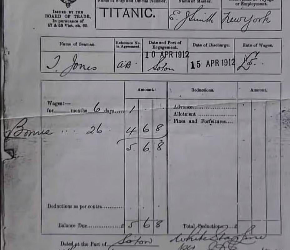 A real wage record issued for a Titanic crew member — dated just days before the ship sank