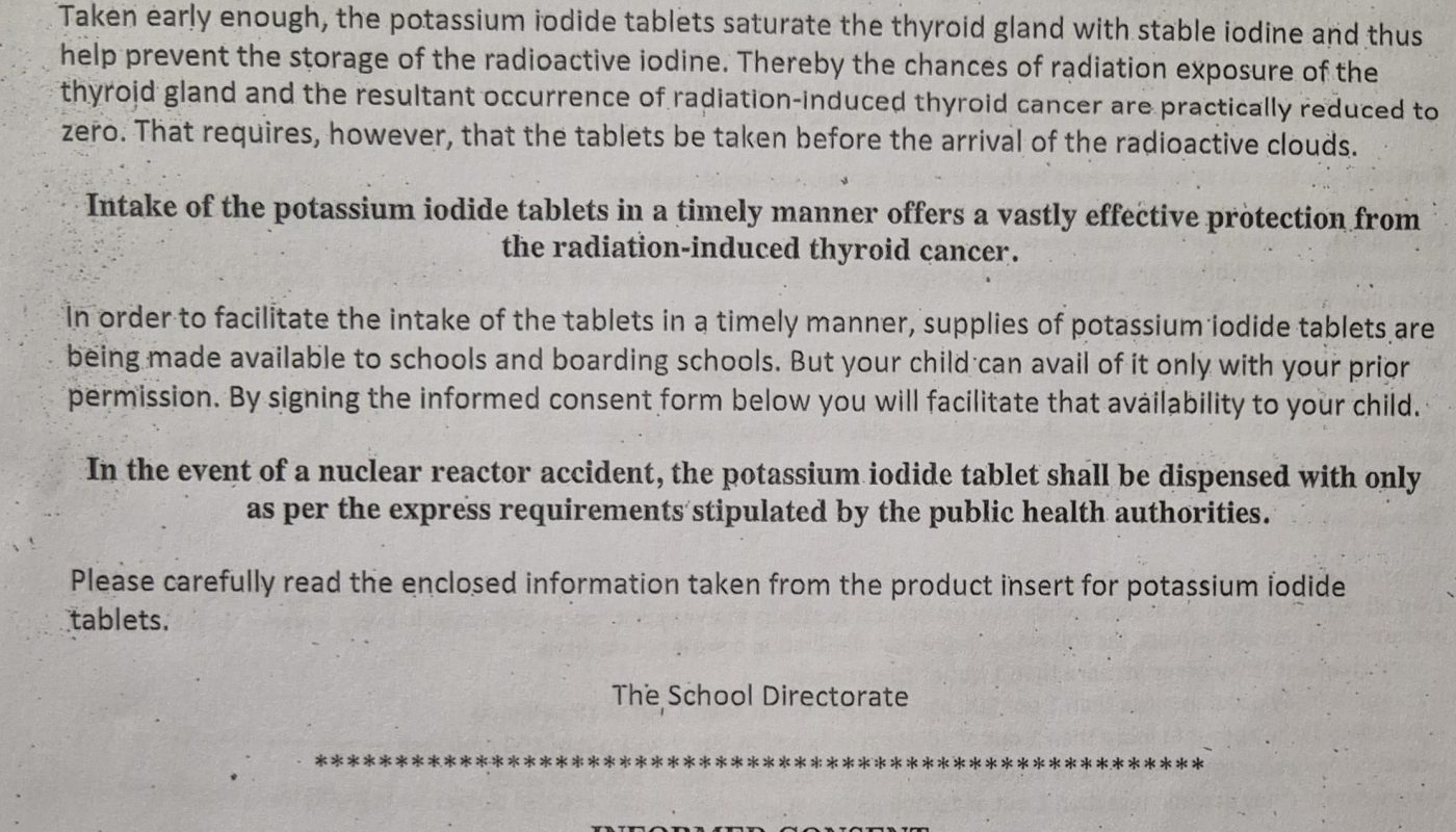 A routine school consent form… for giving kids iodine tablets in case of nuclear fallout