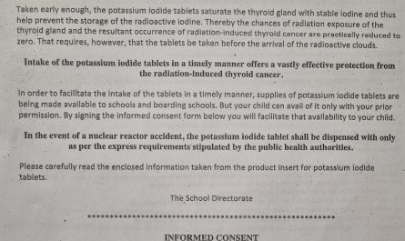 A routine school consent form… for giving kids iodine tablets in case of nuclear fallout