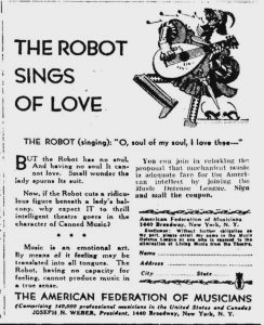 Advert from the 1930 campaign against recorded music by The American Federation of Musician.