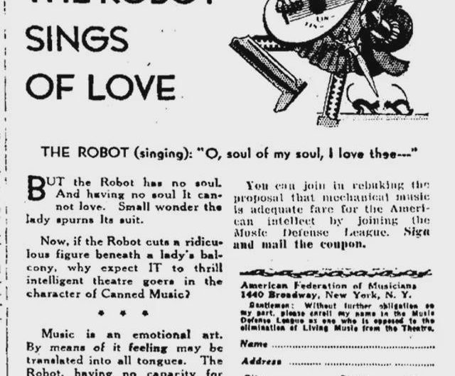 Advert from the 1930 campaign against recorded music by The American Federation of Musician.