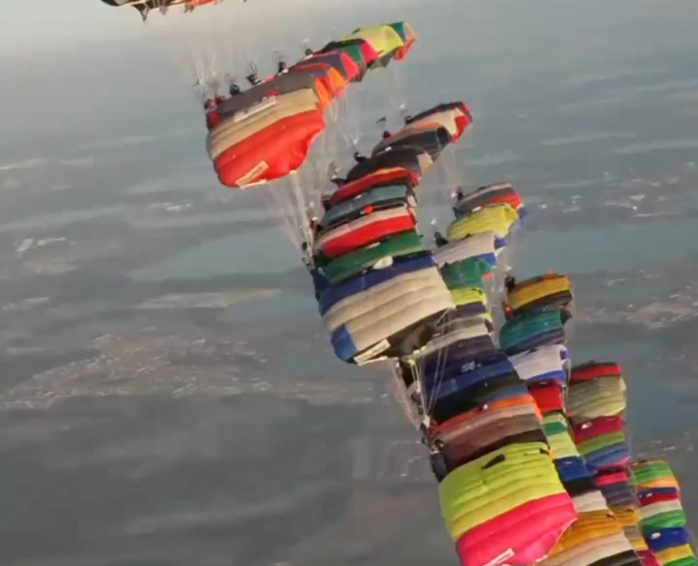 Colorful parachute formation