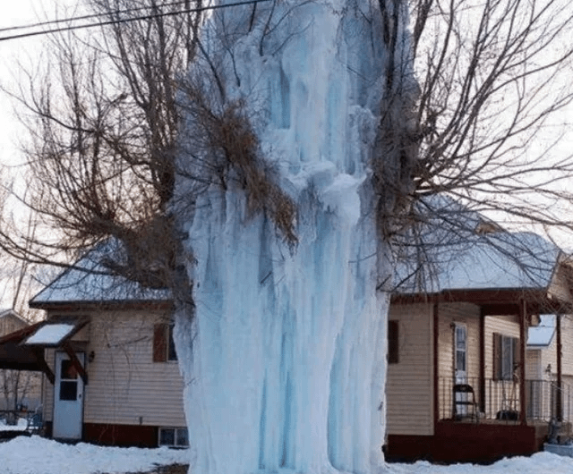Fire hydrant bursts in sub-zero temperature.