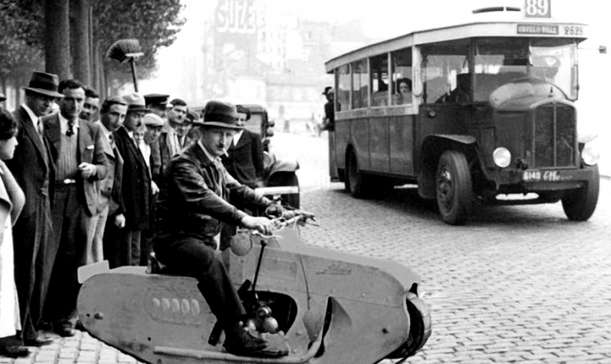 French inventor J. Lehaitre with his Tractor-Cycle in 1938. while not fast (at just 25 mph) it could manage a wide range of terrain. He even created a version with machine gun.