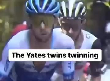 Identical twin pro cyclists Adam and Simon Yates cycling up a hill.