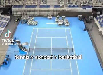 Melbourne Park transitioning from the tennis to a concert to a basketball stadium.