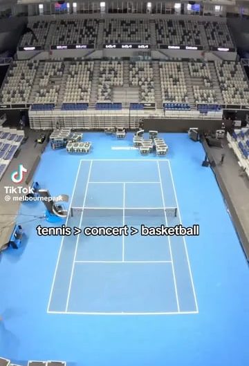 Melbourne Park transitioning from the tennis to a concert to a basketball stadium.