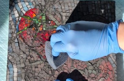 Removing grout from my tomato mosaic (sound up!)