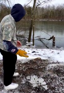 Skipping ice chunk on a frozen lake