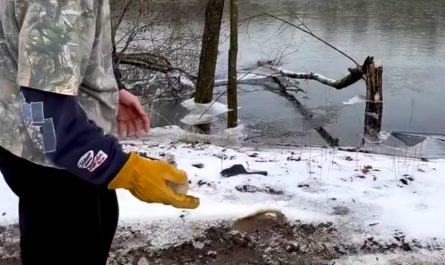 Skipping ice chunk on a frozen lake
