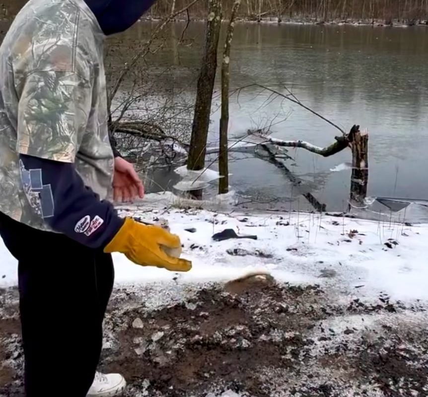 Skipping ice chunk on a frozen lake