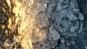 Stepping on ice shards sounds like the wind chimes of winter