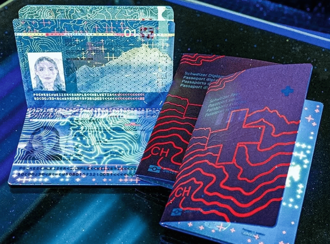 Swiss passport reveals hidden patterns under UV light