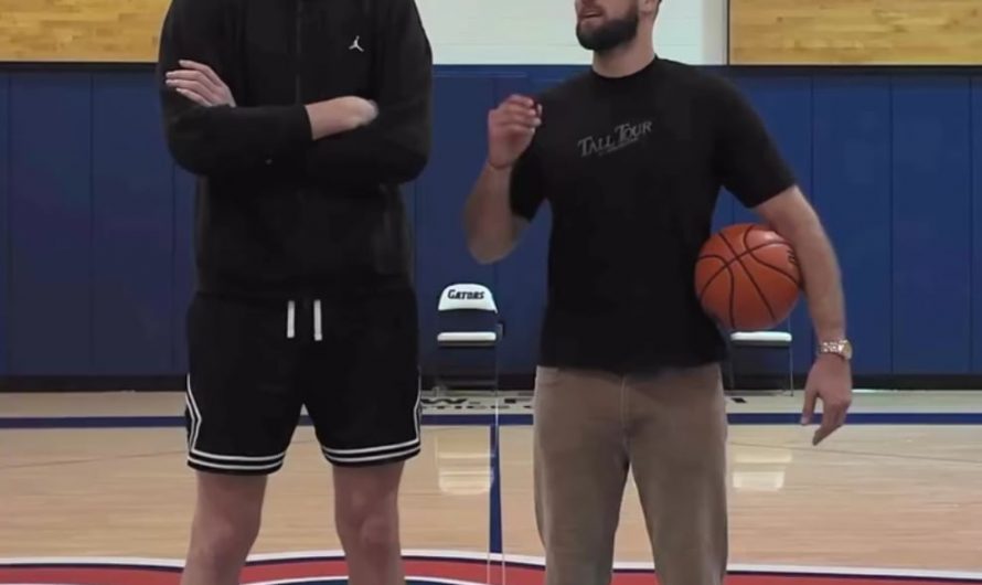 Tallest ever college basketball player at 7′ 9″, Olivier Rioux, with 6′ 9″ Tyler Bergantino