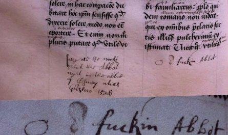 The first use of the "F-Word" as an adjective from a 15th-century copy of Cicero's De Officiis. Translated to "O damned f*ckin Abbot"), referring to an unpopular abbot.