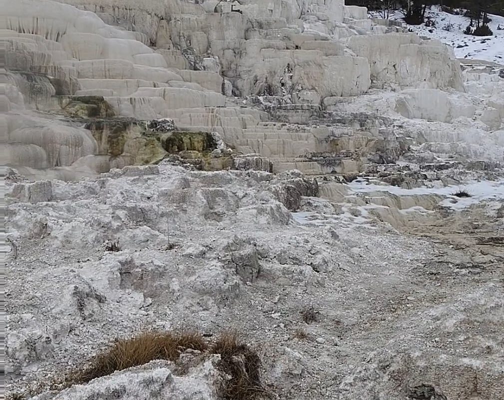 The steaming travertine terraces at Mammoth Hot Springs, Wyoming