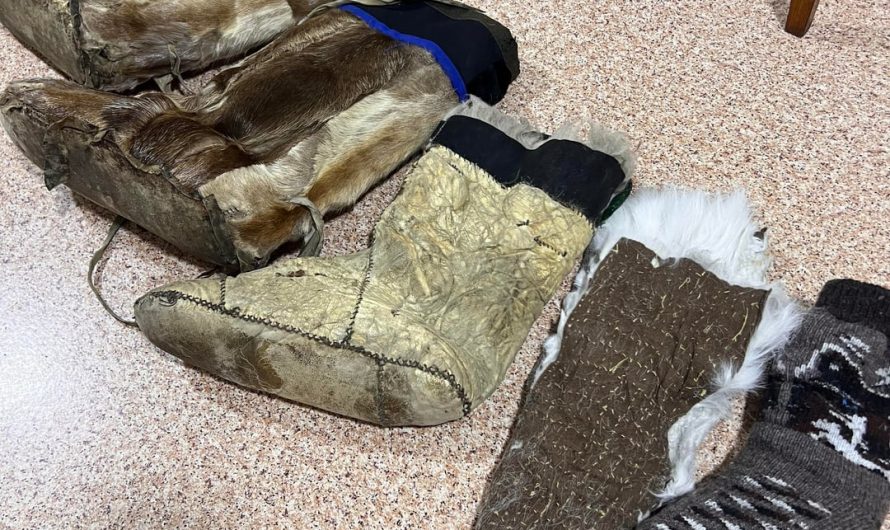 This is our traditional footwear, designed for temperatures down to -70 °C. It consists of several parts, and the photograph shows the order in which they are used.