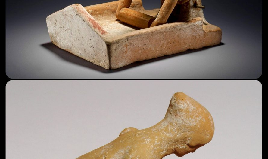 Toy from Ancient Greece, c.450 BCE: this doll was crafted in the form of a woman with a rolling pin, and it has articulated joints that allow the rolling pin to be pushed back and forth