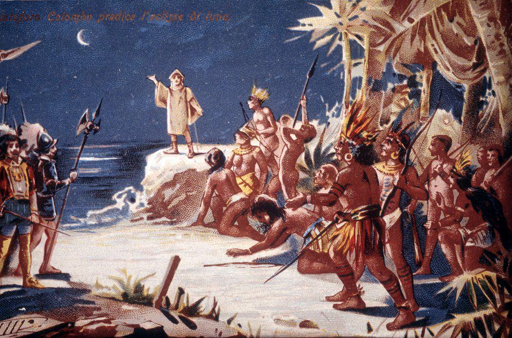 1504, stranded in Jamaica with a famished crew, Columbus faced a mutiny and a blockade of food supplies from the indigenous Arawak people. Using an almanac by astronomer Regiomontanus, Columbus predicted a total lunar eclipse.  When turned moon turned red, the terrified Arawak stopped the blockade.