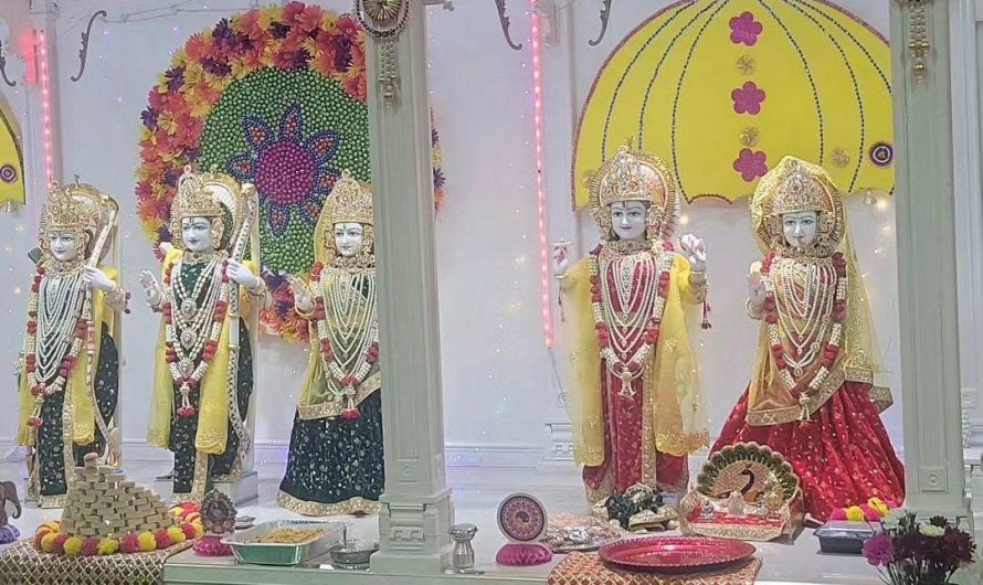 A Random Picture of Hindu Murti Statues with food that was offered to them during a Diwali service in South Bend, Indiana