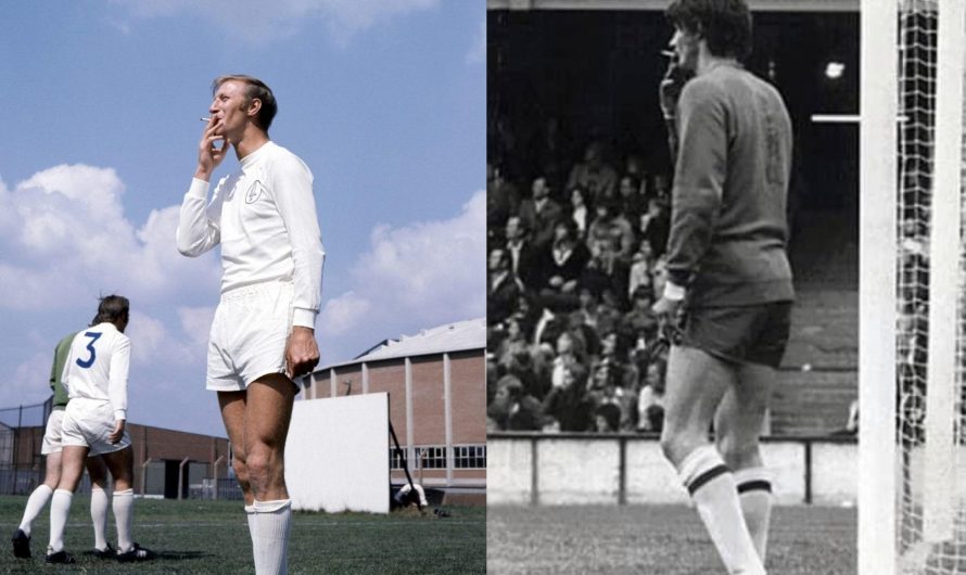 A different era – legendary player Jack Charlton smoking at a training session in 1970, goalkeeper John Osborne smoking during a match in 1972